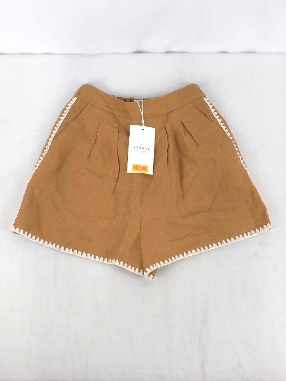 Sezane Nicolo High Waisted Linen Shorts in Cinnamon w/ Ecru Trim - Size 2 - NWT - Picture 2 of 10